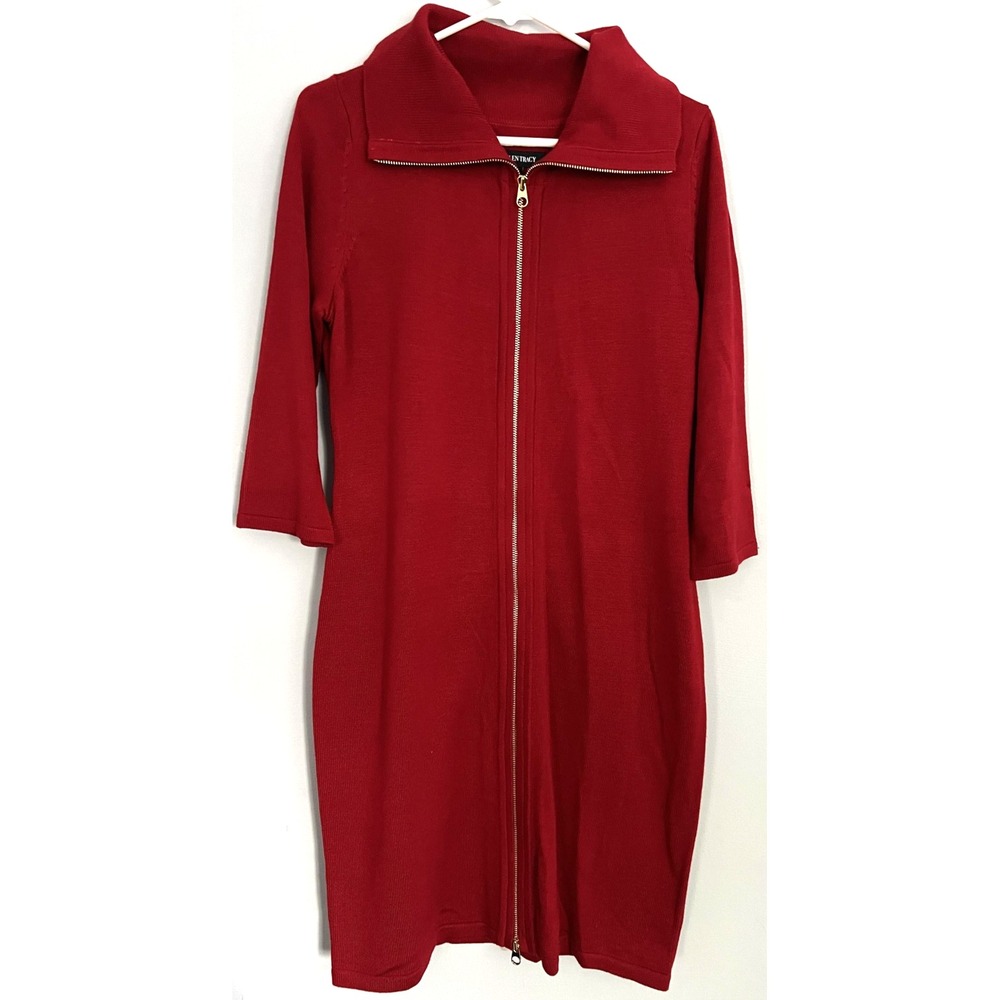 Ellen Tracy Dress Womens Large Red Full Zip Front Knit Sweater Midi 3/4 Sleeve